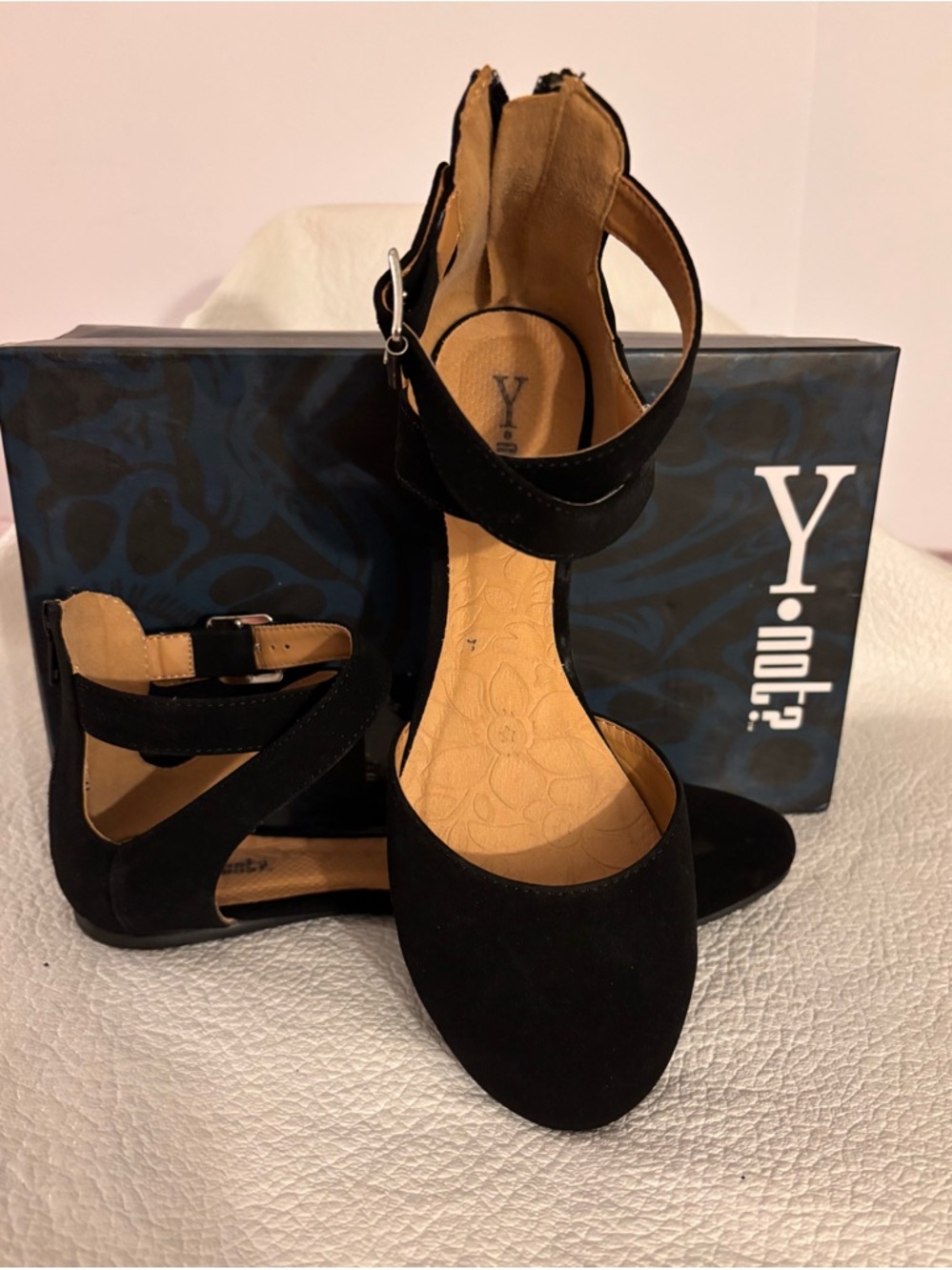 Y•not? Black Suede Cross-Strap Flats for Women